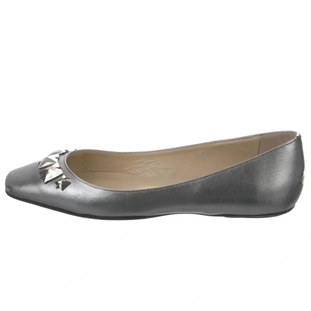 Jimmy Choo Watson Silver Metallic Calf Leather Studded Accents Ballet Flats 37
